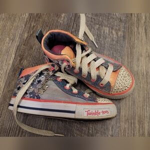 Skechers Girls Sz 11 Twinkle Toes High Top Glitter Shoes Side Zip Sneakers Stars